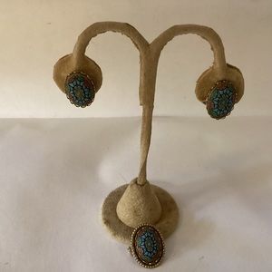 Pin and earrings set vintage looks like cloisonné multi color stones